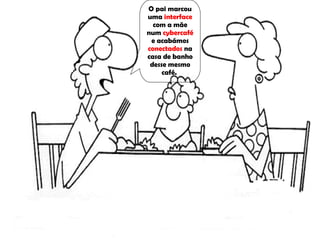 O pai marcou uma  interface  com a mãe num  cybercafé  e acabámos  conectados  na casa de banho desse mesmo café.  