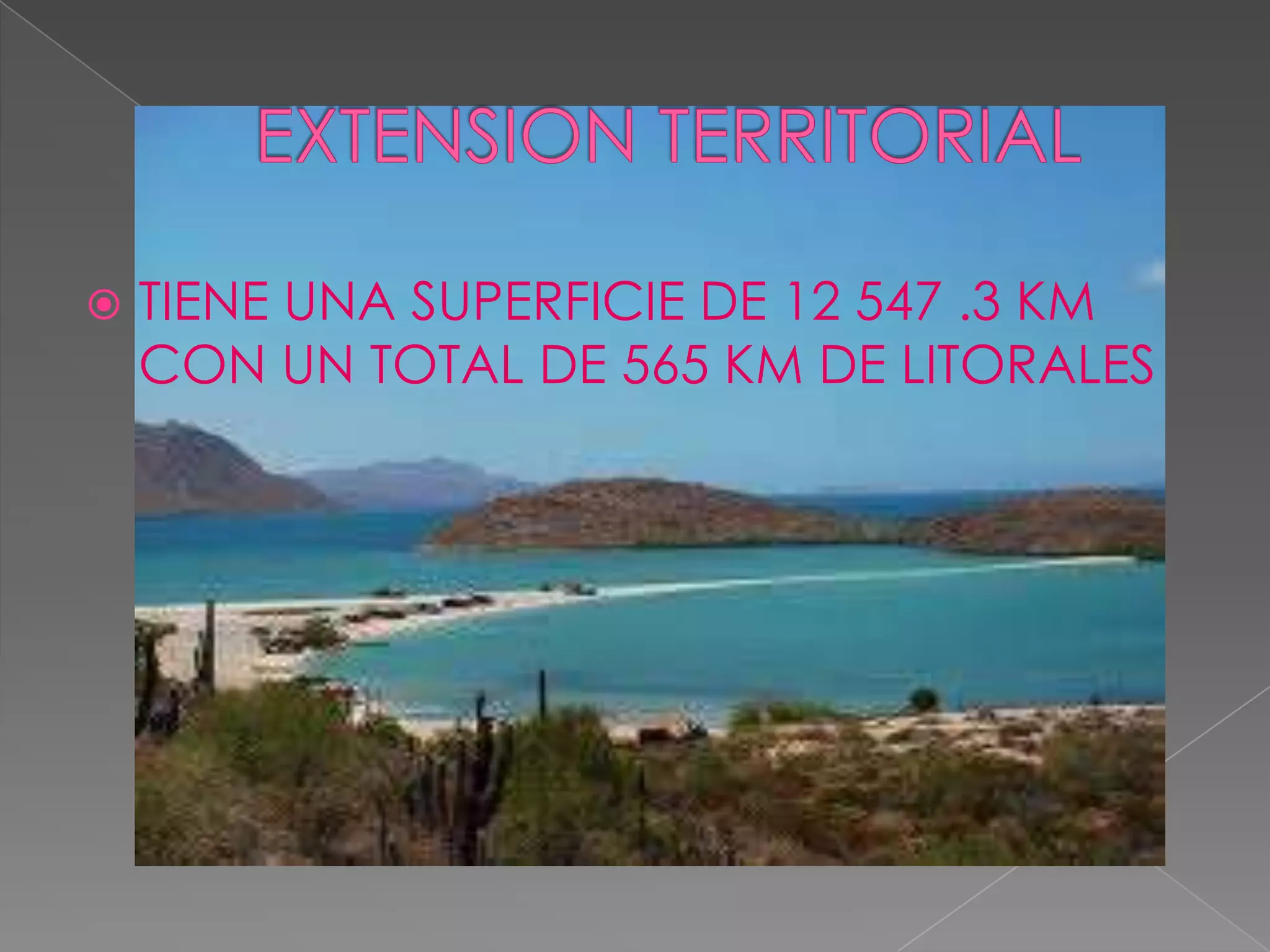    TIENE UNA SUPERFICIE DE 12 547 .3 KM
    CON UN TOTAL DE 565 KM DE LITORALES
 