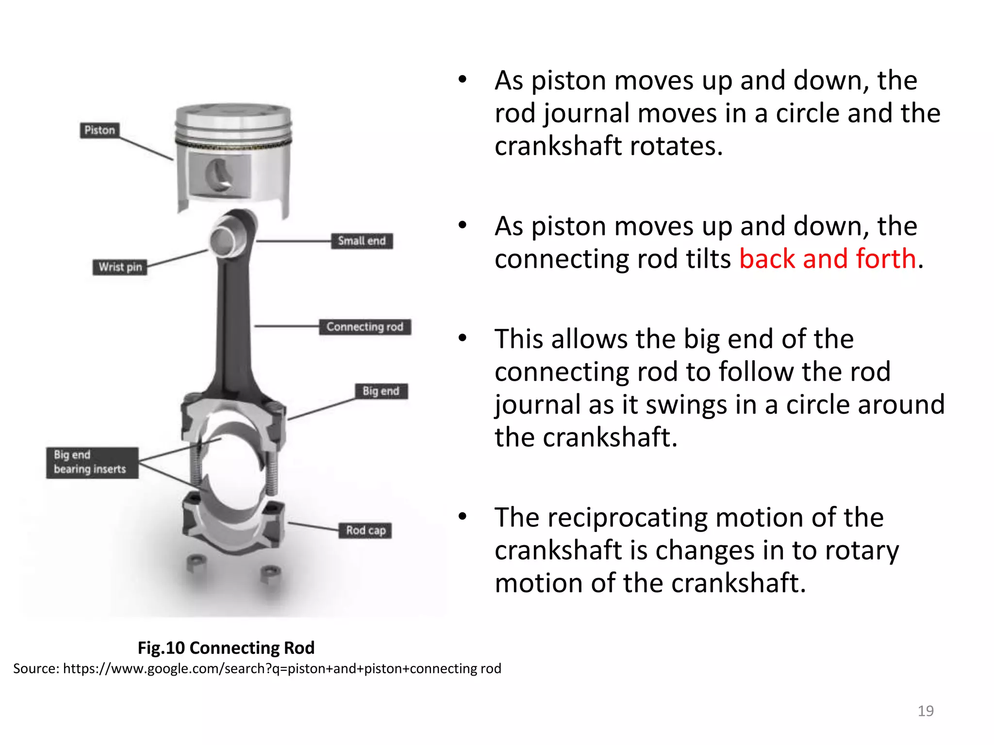• As piston moves up and down, the
rod journal moves in a circle and the
crankshaft rotates.
• As piston moves up and down, the
connecting rod tilts back and forth.
• This allows the big end of the
connecting rod to follow the rod
journal as it swings in a circle around
the crankshaft.
• The reciprocating motion of the
crankshaft is changes in to rotary
motion of the crankshaft.
19
Fig.10 Connecting Rod
Source: https://www.google.com/search?q=piston+and+piston+connecting rod
 