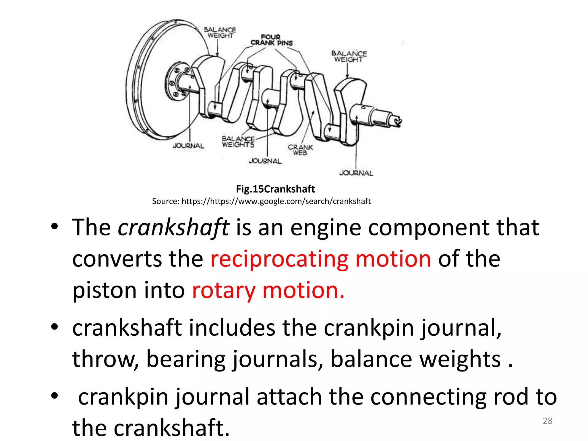 • The crankshaft is an engine component that
converts the reciprocating motion of the
piston into rotary motion.
• crankshaft includes the crankpin journal,
throw, bearing journals, balance weights .
• crankpin journal attach the connecting rod to
the crankshaft. 28
Fig.15Crankshaft
Source: https://https://www.google.com/search/crankshaft
 