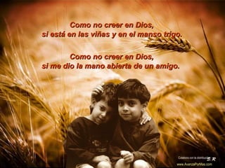 si está en las viñas y en el manso trigo.   si me dio la mano abierta de un amigo. Como no creer en Dios,  Como no creer en Dios,  Colabora con la distribución:  www.AvanzaPorMas.com   