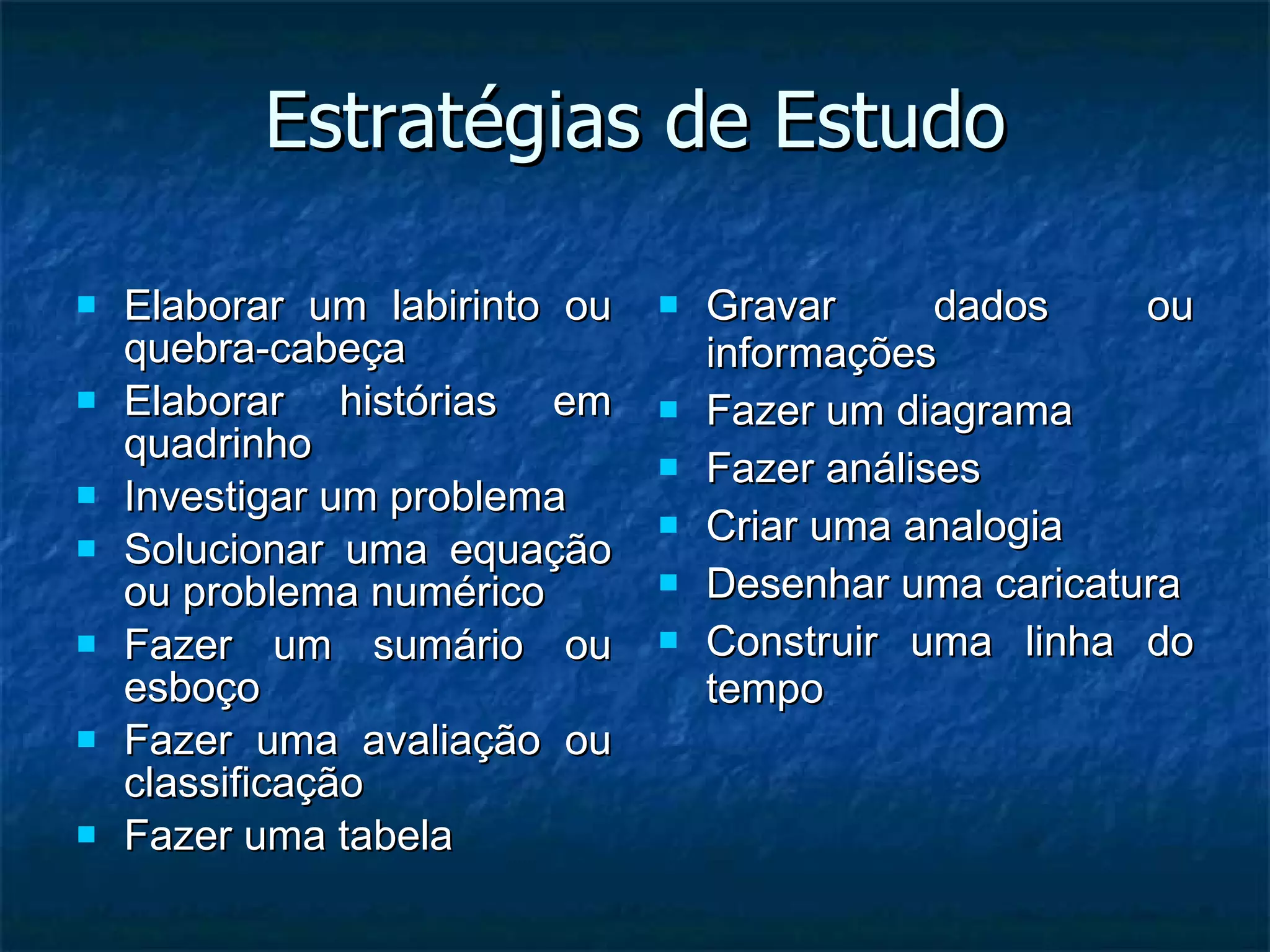 Estratégias de Estudo Elaborar um labirinto ou quebra-cabeça Elaborar histórias em quadrinho Investigar um problema Solucionar uma equação ou problema numérico Fazer um sumário ou esboço  Fazer uma avaliação ou classificação Fazer uma tabela Gravar dados ou informações Fazer um diagrama Fazer análises Criar uma analogia Desenhar uma caricatura Construir uma linha do tempo 