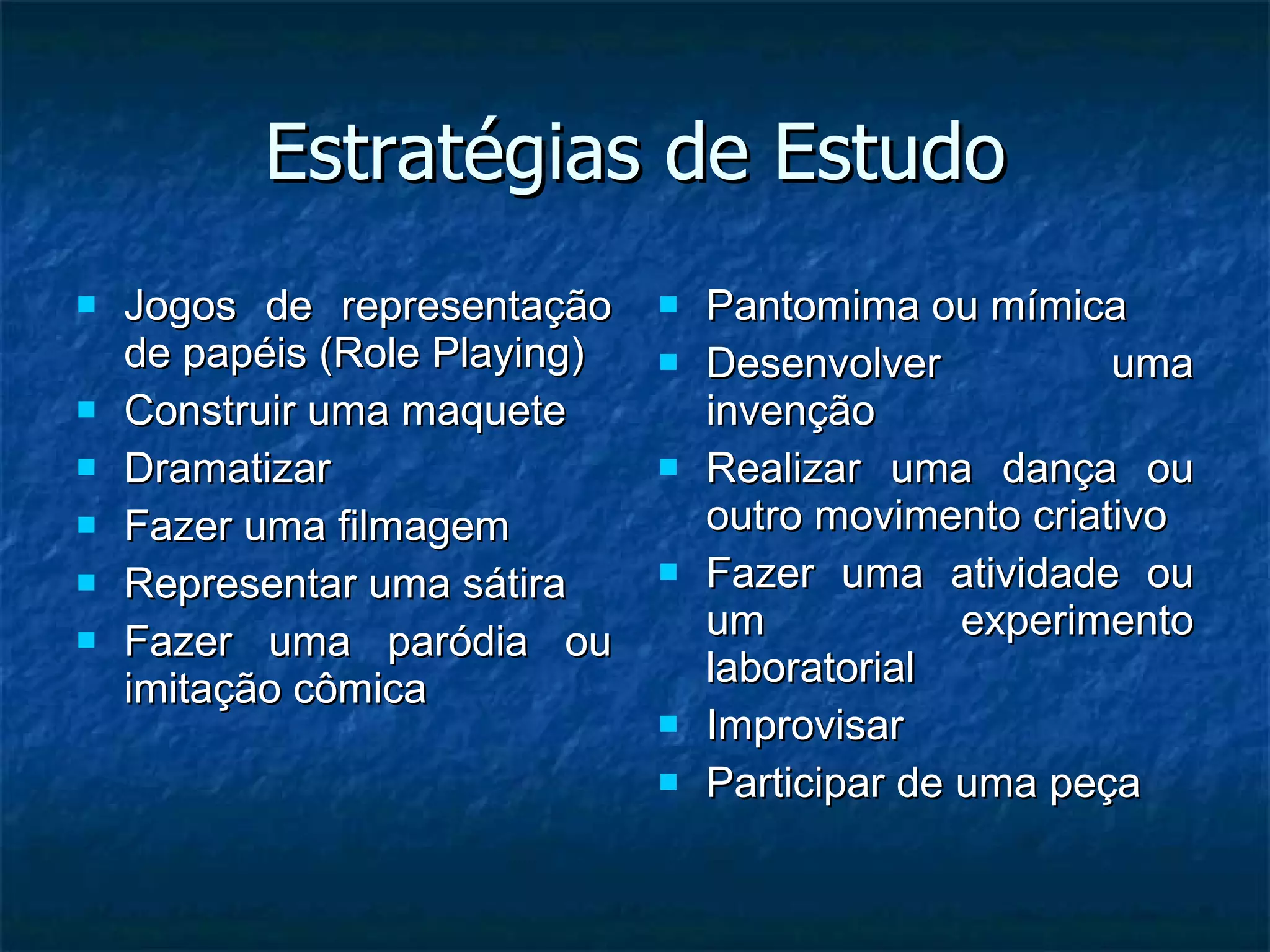 Estratégias de Estudo Jogos de representação de papéis (Role Playing) Construir uma maquete Dramatizar Fazer uma filmagem Representar uma sátira Fazer uma paródia ou imitação cômica Pantomima ou mímica Desenvolver uma invenção Realizar uma dança ou outro movimento criativo Fazer uma atividade ou um experimento laboratorial Improvisar Participar de uma peça 