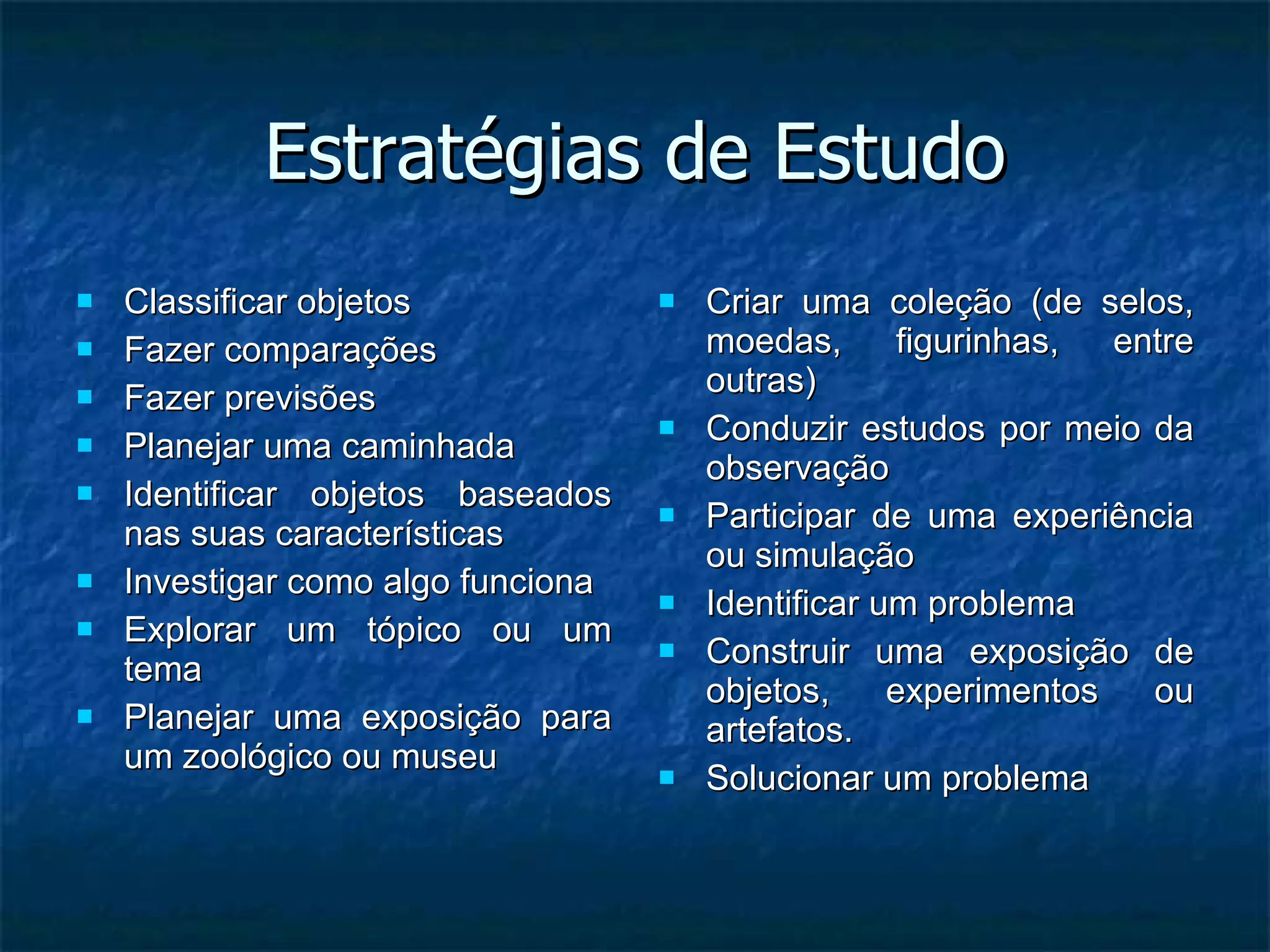 Estratégias de Estudo Classificar objetos Fazer comparações Fazer previsões Planejar uma caminhada Identificar objetos baseados nas suas características  Investigar como algo funciona Explorar um tópico ou um tema Planejar uma exposição para um zoológico ou museu Criar uma coleção (de selos, moedas, figurinhas, entre outras) Conduzir estudos por meio da observação Participar de uma experiência ou simulação Identificar um problema Construir uma exposição de objetos, experimentos ou artefatos. Solucionar um problema 