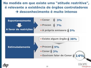 Na medida em que existe uma “atitude restritiva”,
 é relevante a existência de órgãos controladores
         desconhecimento é muito intenso

  Espontaneamente        • Conar     3%
                         • Procon    7%
 A favor de restrições   • A própria emissora   5%


                         • Existe algum órgão   38%


  Estimuladamente        • Procon   9%
                         • Conar    3%
                         • Ouviram falar de Conar    14%


                             22
 