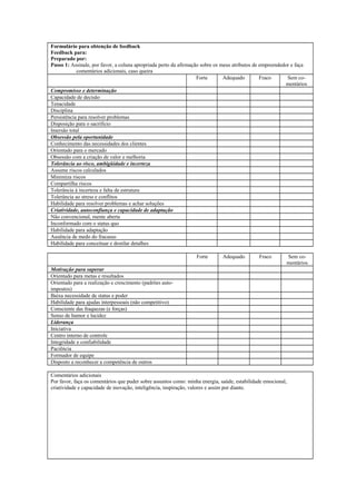 Formulário para obtenção de feedback
Feedback para:
Preparado por:
Passo 1: Assinale, por favor, a coluna apropriada perto da afirmação sobre os meus atributos de empreendedor e faça
comentários adicionais, caso queira
Forte Adequado Fraco Sem co-
mentários
Compromisso e determinação
Capacidade de decisão
Tenacidade
Disciplina
Persistência para resolver problemas
Disposição para o sacrifício
Imersão total
Obsessão pela oportunidade
Conhecimento das necessidades dos clientes
Orientado para o mercado
Obsessão com a criação de valor e melhoria
Tolerância ao risco, ambigüidade e incerteza
Assume riscos calculados
Minimiza riscos
Compartilha riscos
Tolerância à incerteza e falta de estrutura
Tolerância ao stress e conflitos
Habilidade para resolver problemas e achar soluções
Criatividade, autoconfiança e capacidade de adaptação
Não convencional, mente aberta
Inconformado com o status quo
Habilidade para adaptação
Ausência de medo do fracasso
Habilidade para conceituar e destilar detalhes
Forte Adequado Fraco Sem co-
mentários
Motivação para superar
Orientado para metas e resultados
Orientado para a realização e crescimento (padrões auto-
impostos)
Baixa necessidade de status e poder
Habilidade para ajudas interpessoais (não competitivo)
Consciente das fraquezas (e forças)
Senso de humor e lucidez
Liderança
Iniciativa
Centro interno de controle
Integridade e confiabilidade
Paciência
Formador de equipe
Disposto a reconhecer a competência de outros
Comentários adicionais
Por favor, faça os comentários que puder sobre assuntos como: minha energia, saúde, estabilidade emocional,
criatividade e capacidade de inovação, inteligência, inspiração, valores e assim por diante.
 