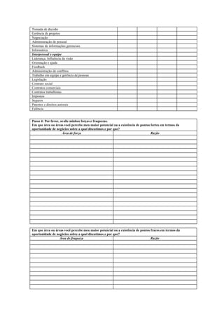Tomada de decisão
Gerência de projetos
Negociação
Administração de pessoal
Sistemas de informações gerenciais
Informática
Interpessoal e equipe
Liderança. Influência da visão
Orientação e ajuda
Feedback
Administração de conflitos
Trabalho em equipe e gerência de pessoas
Legislação
Contrato social
Contratos comerciais
Contratos trabalhistas
Impostos
Seguros
Patentes e direitos autorais
Falência
Passo 4: Por favor, avalie minhas forças e fraquezas.
Em que área ou áreas você percebe meu maior potencial ou a existência de pontos fortes em termos da
oportunidade de negócios sobre a qual discutimos e por que?
Área de força Razão
Em que área ou áreas você percebe meu maior potencial ou a existência de pontos fracos em termos da
oportunidade de negócios sobre a qual discutimos e por que?
Área de fraqueza Razão
 