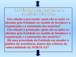 CRITÉRIOS QUE NORTEIAM O PARECER TÉCNICO: Em relação à prevenção: quais são as ações re-alizadas pela Entidade no sentido de fortalecer a organização e a autonomia dos usuários? Em relação à promoção: quais são as ações re-alizadas pela Entidade no sentido de fortalecer a organização e a autonomia dos usuários? Há uma prioridade da Entidade em atender o público da Assistência, dentro dos critérios de vulnerabilidade da NOB/SUAS? 