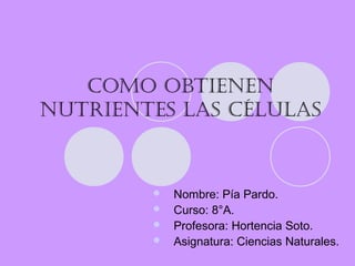 Como obtienen
nutrientes las Células
 Nombre: Pía Pardo.
 Curso: 8°A.
 Profesora: Hortencia Soto.
 Asignatura: Ciencias Naturales.
 
