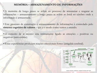 MEMÓRIA – ARMAZENAMENTO DE INFORMAÇÕES

• A memória de longo prazo se refere ao processo de armazenar e resgatar as
informações – armazenamento a longo prazo se refere ao local no cérebro onde a
informação é armazenada.

• Este processo de construção e armazenamento de informações é controlado pelo
sistema cognitivo de valores – que é o modo como vemos o mundo.

• O conceito de si mesmo esta intimamente ligado as emoções – positivas ou
negativas (auto-estima).

• Estas experiências produzem reações emocionais fortes (amígdala cerebral).
 