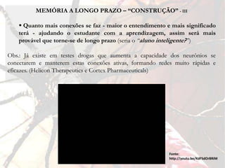 MEMÓRIA A LONGO PRAZO – “CONSTRUÇÃO” - III

     Quanto mais conexões se faz - maior o entendimento e mais significado
    terá - ajudando o estudante com a aprendizagem, assim será mais
    provável que torne-se de longo prazo (seria o “aluno inteligente?”)

Obs.: Já existe em testes drogas que aumenta a capacidade dos neurônios se
conectarem e manterem estas conexôes ativas, formando redes muito rápidas e
eficazes. (Helicon Therapeutics e Cortex Pharmaceuticals)




                                                          Fonte:
                                                          http://youtu.be/KdFSdOrBRiM
 