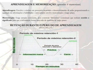 APRENDIZAGEM E MEMORIZAÇÃO (aprender ≠ memorizar)

Aprendizagem: Envolve o cérebro em processos neuronais e desenvolvimento de redes proporcionando a
aquisição de informações e habilidades – nem sempre envolve memorização a longo prazo.

Memorização: Exige atenção consciente, deve construir “fronteiras” conceituais que tenham sentido e
significado para que a informação forme uma rede de memória de longo prazo.

        RETENÇÃO DURANTE O PERIUDO DE APRENDIZAGEM
                                          (SOUSA, 2002, p. 91)
 