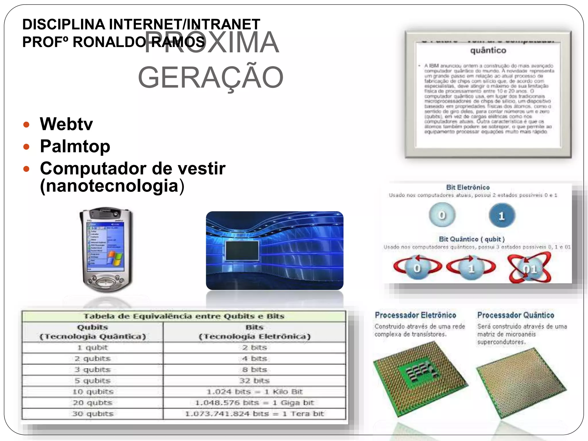 PRÓXIMA
GERAÇÃO
 Webtv
 Palmtop
 Computador de vestir
(nanotecnologia)
DISCIPLINA INTERNET/INTRANET
PROFº RONALDO RAMOS
 