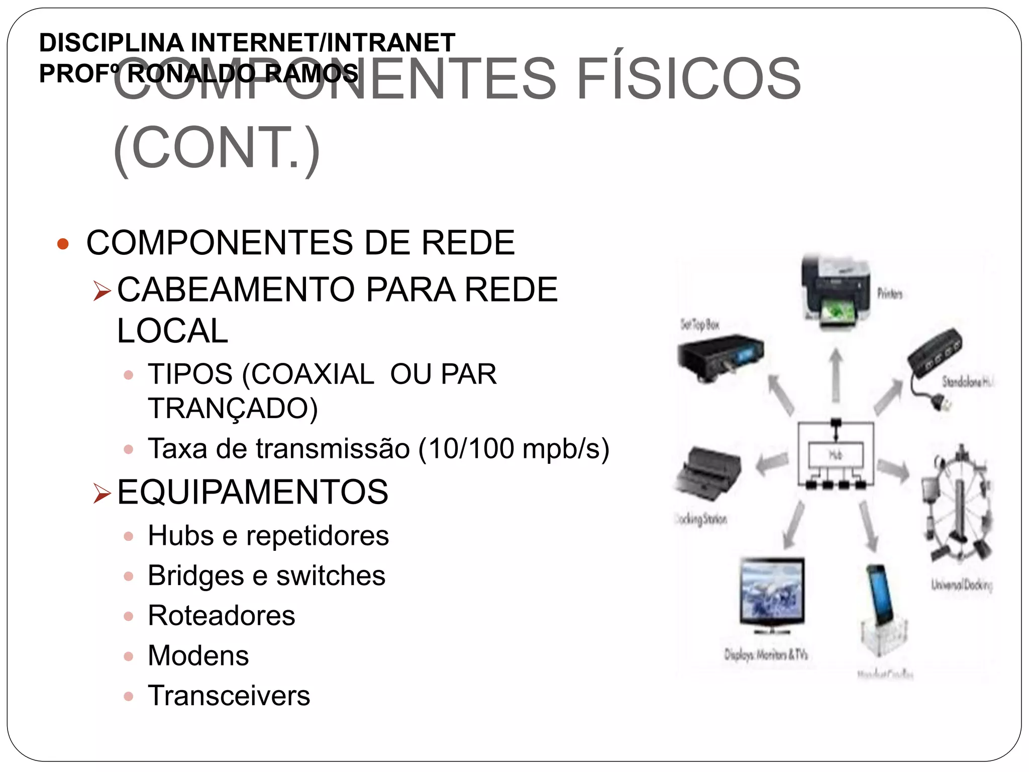 COMPONENTES FÍSICOS
(CONT.)
 COMPONENTES DE REDE
CABEAMENTO PARA REDE
LOCAL
 TIPOS (COAXIAL OU PAR
TRANÇADO)
 Taxa de transmissão (10/100 mpb/s)
EQUIPAMENTOS
 Hubs e repetidores
 Bridges e switches
 Roteadores
 Modens
 Transceivers
DISCIPLINA INTERNET/INTRANET
PROFº RONALDO RAMOS
 