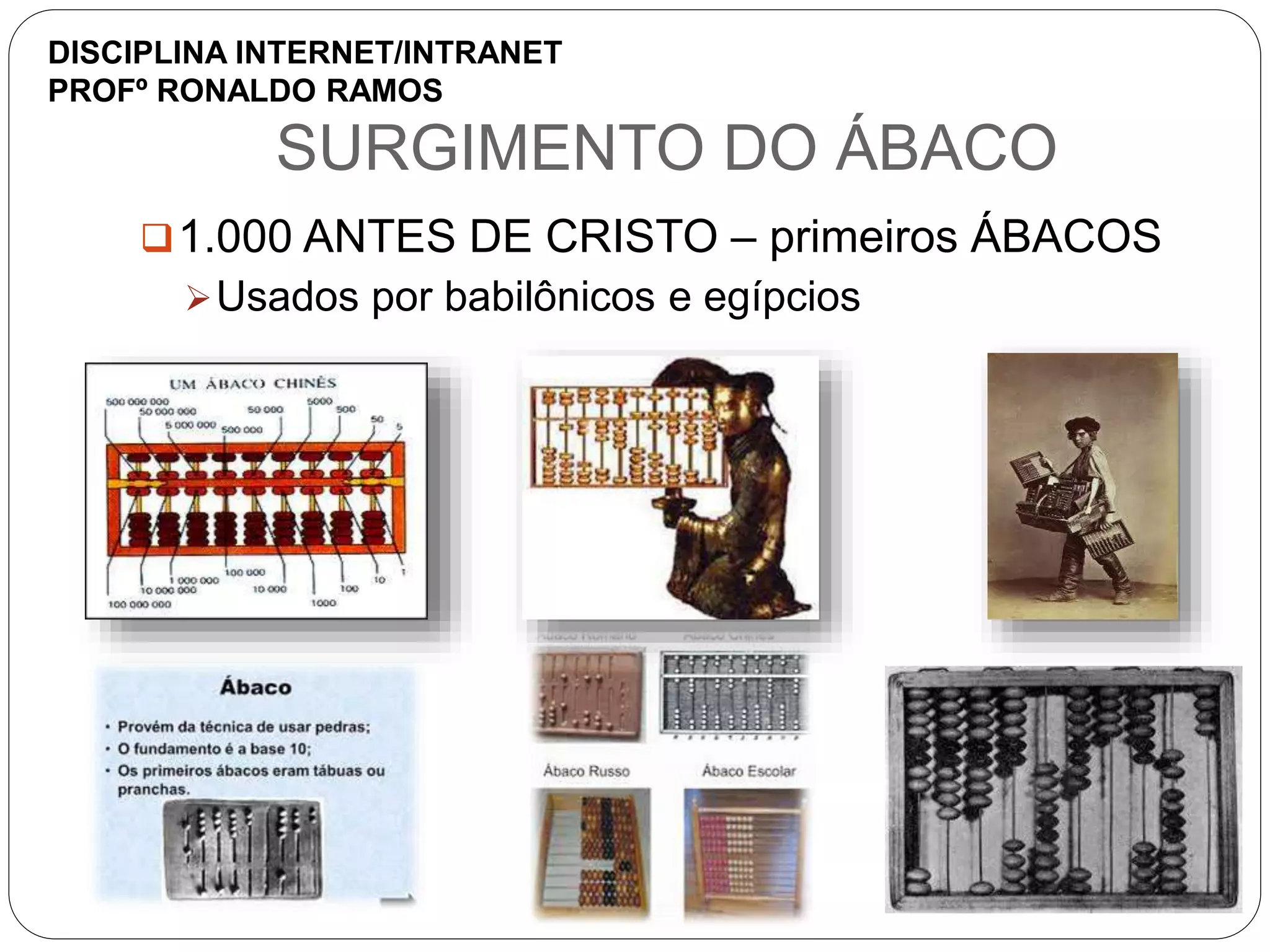 SURGIMENTO DO ÁBACO
1.000 ANTES DE CRISTO – primeiros ÁBACOS
Usados por babilônicos e egípcios
DISCIPLINA INTERNET/INTRANET
PROFº RONALDO RAMOS
 