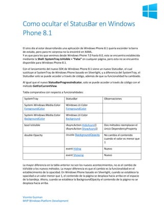Vicente Guzman
MVP Windows Platform Development
Como ocultar el StatusBar en Windows
Phone 8.1
El otro día al estar desarrollando una aplicación de Windows Phone 8.1 quería esconder la barra
de estado, pero para mi sorpresa no la encontré en XAML.
Y es que para los que venimos desde Windows Phone 7.0 hasta 8.0, esta se encuentra establecida
mediante la Shell: SystemTray.IsVisible = “False” en cualquier página, pero esta no se encuentra
disponible para Windows Phone 8.1.
Con el lanzamiento del nuevo SDK de Windows Phone 8.1 viene un nuevo StatusBar, el cual
sustituye al SystemTray de Windows Phone basado en Silverlight, y a diferencia del SystemTray, el
StatusBar solo se puede acceder a través de código, además de que su funcionalidad ha cambiado.
Al igual que el nuevo StatusBarProgressIndicator, solo se puede acceder a través de código con el
método GetForCurrentView.
Tabla comparativa con respecto a funcionalidades:
SystemTray StatusBar Observaciones
System.Windows.Media.Color
ForegroundColor
Windows.UI.Color
ForegroundColor
System.Windows.Media.Color
BackgroundColor
Windows.UI.Color
Background
bool IsVisible IAsyncAction HideAsync()
IAsyncAction ShowAsync()
Dos métodos reemplazan el
único DependencyProperty
double Opacity double BackgroundOpacity No cambia el contenido
cuando el valor es menor que
1
event Hiding Nuevo
event Showing Nuevo
La mayor diferencia en la tabla anterior no son los nuevos acontecimientos, no es el cambio de
IsVisible a los nuevos métodos. La mayor diferencia es que el cambio es la funcionalidad en el
establecimiento de la opacidad. En Windows Phone basado en Silverlight, cuando se establece la
opacidad a un valor menor que 1, el contenido de la página se desplaza hacia arriba en el espacio
de la bandeja. Ahora, cuando se establece la BackgroundOpacity el contenido de la página no se
desplaza hacia arriba.
 