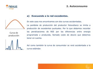 2. Autoconsumo



             a)    Evacuando a la red excedentes.

             En este caso nos encontramos con dos curvas accidentadas.

             La parábola de producción del productor fotovoltaico se limita a
             producción de excedentes puntuales. Por lo que debemos recordar
             las   penalizaciones   de   REE   por   las   diferencias   entre   energía
 Curva de
producción   programada y producida, llamado coste de desvío que debemos
             tener en cuenta.



             Así como también la curva de consumidor se verá accidentada a la
             curva estándar.
 