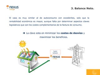 3. Balance Neto.


El caso es muy similar al de autoconsumo con excedentes, solo que la
rentabilidad económica es mayor, aunque falta por determinar aspectos claves
legislativos que son los costes complementarios de la factura de consumo.



              La clave esta en minimizar los costes de desvíos y
                              maximizar los beneficios.




                                            Sujeto
                                           Saldador
 