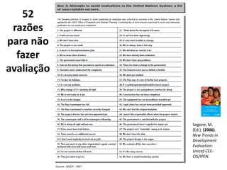52
 razões
para não
  fazer
avaliação



            Segone, M.
            (Ed.). (2006).
            New Trends in
            Development
            Evaluation:
            Unicef-CEE-
            CIS/IPEN.
 
