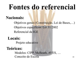 Fontes do referencial
Nacionais:
    Objetivos gerais (Constituição, Lei de Bases,…)
    Objetivos específicos: Lei 31/2002
    Referencial da IGE

 Locais:
     Projeto educativo
Teóricas:
    Modelos: CIPP, McBeath, AVES, …
    Conceito de Escola                           59
 