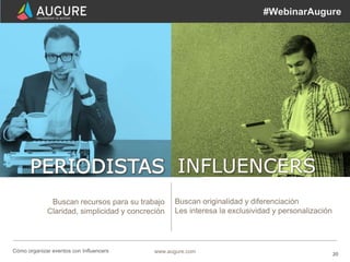 20www.augure.comCómo organizar eventos con Influencers
#WebinarAugure
INFLUENCERS
Buscan recursos para su trabajo
Claridad...
