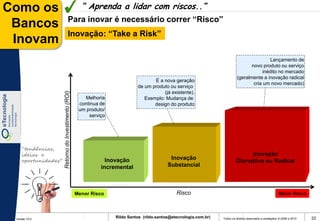 Como os                                                “ Aprenda a lidar com riscos..”
                                     Para inovar é necessário correr “Risco”
 Bancos
                                     Inovação: “Take a Risk”
 Inovam
                                                                                                                                               Lançamento de
                                                                                                                                      novo produto ou serviço
                                                                                                                                           inédito no mercado
                                                                                                                               (geralmente a inovação radical
                                                                                     É a nova geração
                                                                                                                                       cria um novo mercado)
                                                                              de um produto ou serviço
                                                                                         (já existente).
                     Retorno do Investimento (ROI)




                                                        Melhoria                 Exemplo: Mudança de
                                                      continua de                    design do produto
                                                      um produto/
                                                          serviço




    “tendências,
    ideias e                                                                                                                        Inovação
    oportunidades”                                               Inovação                     Inovação
                                                                                                                              Disruptiva ou Radical
                                                               incremental                   Substancial



                                                     Menor Risco                                 Risco                                                        Maior Risco




 Versão 10.0
                                                                    Rildo Santos (rildo.santos@etecnologia.com.br)   Todos os direitos reservados e protegidos © 2006 e 2010   22
 