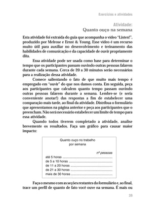 Exercícios e atividades


                                                                Atividade:
                                                   Quanto ouço na semana
Esta atividade foi extraída do guia que acompanha o vídeo “Listen!”,
produzido por Melrose e Ernst & Young. Esse vídeo é um recurso
muito útil para auxiliar no desenvolvimento e treinamento das
habilidades de comunicação e da capacidade de ouvir propriamente
dita.
      Essa atividade pode ser usada como base para determinar o
tempo que os participantes passam ouvindo outras pessoas falarem
durante cada semana. Cerca de 20 a 30 minutos serão necessários
para a realização dessa atividade.
      Comece salientando o fato de que muito mais tempo é
empregado em “ouvir” do que nos damos conta. Em seguida, peça
aos participantes que calculem quanto tempo passam ouvindo
outras pessoas falarem durante a semana. Lembre-se (e seria
conveniente anotar!) das respostas a fim de estabelecer uma
comparação mais tarde, ao final da atividade. Distribua o formulário
que apresentamos na página anterior e peça aos participantes que o
preencham. Não será necessário estabelecer um limite de tempo para
essa atividade.
      Quando todos tiverem completado a atividade, analise
brevemente os resultados. Faça um gráfico para causar maior
impacto:

                            Quanto ouço no trabalho
                                 por semana

                                                                nº pessoas
              até 5 horas ........................................................
              de 5 a 10 horas .................................................
              de 11 a 20 horas ...............................................
              de 21 a 30 horas ...............................................
              mais de 30 horas ...............................................

      Faça o mesmo com as seções restantes do formulário e, ao final,
trace um perfil de quanto de fato você ouve na semana. É mais ou

                                                                                       39
 