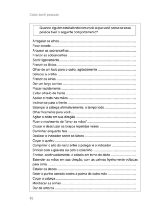 Como ouvir pessoas


        Quando alguém está falando com você, o que você pensa se essa
        pessoa tiver o seguinte comportamento?

 Arregalar os olhos .....................................................................................
 Ficar corada ..............................................................................................
 Arquear as sobrancelhas ..........................................................................
 Franzir as sobrancelhas ...........................................................................
 Sorrir ligeiramente .....................................................................................
 Franzir os lábios .......................................................................................
 Olhar de um lado para o outro, agitadamente ..........................................
 Beliscar a orelha .......................................................................................
 Franzir os olhos ........................................................................................
 Der um largo sorriso .................................................................................
 Piscar rapidamente ...................................................................................
 Evitar olhá-lo de frente ..............................................................................
 Apoiar o rosto nas mãos ...........................................................................
 Inclinar-se para a frente ............................................................................
 Balançar a cabeça afirmativamente, o tempo todo ...................................
 Olhar fixamente para você ........................................................................
 Agitar o dedo em sua direção ...................................................................
 Fizer o movimento de “lavar as mãos” ......................................................
 Cruzar e descruzar os braços repetidas vezes ........................................
 Caminhar enquanto fala ............................................................................
 Deslizar o indicador sobre os lábios .........................................................
 Coçar o queixo ..........................................................................................
 Comprimir o alto do nariz entre o polegar e o indicador ...........................
 Brincar com a gravata ou com o colarinho ...............................................
 Enrolar, continuadamente, o cabelo em torno do dedo ............................
 Estender as mãos em sua direção, com as palmas ligeiramente voltadas
 para cima ..................................................................................................
 Estalar os dedos .......................................................................................
 Bater o punho cerrado contra a palma da outra mão ...............................
 Coçar a cabeça .........................................................................................
 Mordiscar as unhas ..................................................................................
 Dar de ombros ..........................................................................................


46
 