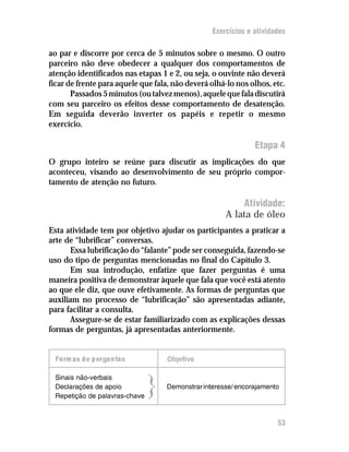 Exercícios e atividades

ao par e discorre por cerca de 5 minutos sobre o mesmo. O outro
parceiro não deve obedecer a qualquer dos comportamentos de
atenção identificados nas etapas 1 e 2, ou seja, o ouvinte não deverá
ficar de frente para aquele que fala, não deverá olhá-lo nos olhos, etc.
       Passados 5 minutos (ou talvez menos), aquele que fala discutirá
com seu parceiro os efeitos desse comportamento de desatenção.
Em seguida deverão inverter os papéis e repetir o mesmo
exercício.

                                                              Etapa 4
O grupo inteiro se reúne para discutir as implicações do que
aconteceu, visando ao desenvolvimento de seu próprio compor-
tamento de atenção no futuro.

                                                         Atividade:
                                                     A lata de óleo
Esta atividade tem por objetivo ajudar os participantes a praticar a
arte de “lubrificar” conversas.
      Essa lubrificação do “falante” pode ser conseguida, fazendo-se
uso do tipo de perguntas mencionadas no final do Capítulo 3.
      Em sua introdução, enfatize que fazer perguntas é uma
maneira positiva de demonstrar àquele que fala que você está atento
ao que ele diz, que ouve efetivamente. As formas de perguntas que
auxiliam no processo de “lubrificação” são apresentadas adiante,
para facilitar a consulta.
      Assegure-se de estar familiarizado com as explicações dessas
formas de perguntas, já apresentadas anteriormente.


 Fo rm as d e p ergu n tas          Objetivo

 Sinais não-verbais
 Declarações de apoio
 Repetição de palavras-chave
                               }   Demonstrar interesse/ encorajamento




                                                                     53
 
