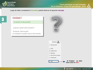 ADI-UNEFM I Coro, Falcón - Venezuela, 2016
Aprendizaje
Dialógico
Interactivo
Como participar en una Consulta
En el Ambiente Virtual de Aprendizaje (AVA)
3
Luego de haber completado la Consulta; podrás observar el siguiente mensaje
Al finalizar se debe
hacer click en Salir.
 
