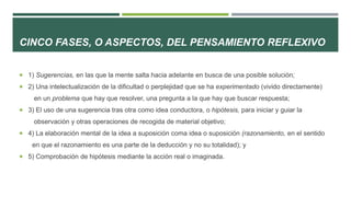 CINCO FASES, O ASPECTOS, DEL PENSAMIENTO REFLEXIVO
 1) Sugerencias, en las que la mente salta hacia adelante en busca de una posible solución;
 2) Una intelectualización de la dificultad o perplejidad que se ha experimentado (vivido directamente)
en un problema que hay que resolver, una pregunta a la que hay que buscar respuesta;
 3) El uso de una sugerencia tras otra como idea conductora, o hipótesis, para iniciar y guiar la
observación y otras operaciones de recogida de material objetivo;
 4) La elaboración mental de la idea a suposición coma idea o suposición (razonamiento, en el sentido
en que el razonamiento es una parte de la deducción y no su totalidad); y
 5) Comprobación de hipótesis mediante la acción real o imaginada.
 