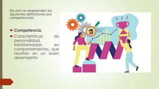 De esto se desprenden las
siguientes definiciones por
competencias:
 Competencia.
 Características de
personalidad,
transformadas en
comportamientos, que
resultan en un buen
desempeño
 