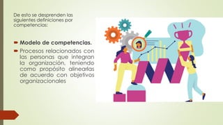 De esto se desprenden las
siguientes definiciones por
competencias:
 Modelo de competencias.
 Procesos relacionados con
las personas que integran
la organización, teniendo
como propósito alinearlas
de acuerdo con objetivos
organizacionales
 