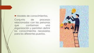  Modelo de conocimientos.
Conjunto de procesos
relacionados con las personas
que conforman una
organización y permiten definir
los conocimientos necesarios
para los diferentes puestos.
 