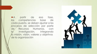 A partir de esa fase,
las competencias base de
cada puesto, se deben ajustar a los
procesos de selección por parte
de Recursos Humanos, con
la investigación, integrando
la misión, visión, valores y objetivos
de la organización
 