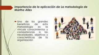 Importancia de la aplicación de La metodología de
Martha Alles
 Uno de los grandes
beneficios de esta
metodología es la
vincula conocimientos y
competencias a las
necesidades, objetivos y
características de la
organización
 