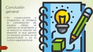 Conclusión
general
 En consecuencia e
integración, se fortalece
la consolidación de
equipos sólidos, se
optimiza el rendimiento y
se reduce la rotación de
personal, lo que genera
un impacto positivo en la
productividad y en la
cultura organizacional.
 