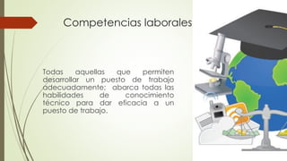 Competencias laborales
Todas aquellas que permiten
desarrollar un puesto de trabajo
adecuadamente; abarca todas las
habilidades de conocimiento
técnico para dar eficacia a un
puesto de trabajo.
 