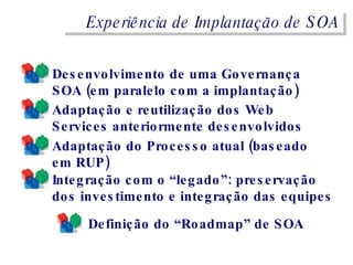 Experiência de Implantação de SOA Desenvolvimento de uma Governança SOA (em paralelo com a implantação) Adaptação e reutilização dos Web Services anteriormente desenvolvidos Adaptação do Processo atual (baseado em RUP) Integração com o “legado”: preservação dos investimento e integração das equipes Definição do “Roadmap” de SOA 