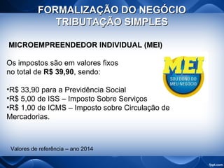 FORMALIZAÇÃO DO NEGÓCIOFORMALIZAÇÃO DO NEGÓCIO
TRIBUTAÇÃO SIMPLESTRIBUTAÇÃO SIMPLES
MICROEMPREENDEDOR INDIVIDUAL (MEI)
Os impostos são em valores fixos
no total de R$ 39,90, sendo:
•R$ 33,90 para a Previdência Social
•R$ 5,00 de ISS – Imposto Sobre Serviços
•R$ 1,00 de ICMS – Imposto sobre Circulação de
Mercadorias.
Valores de referência – ano 2014
 
