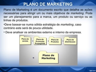 PLANO DE MARKETING
Plano de Marketing é um documento escrito que detalha as ações
necessárias para atingir um ou mais objetivos de marketing. Pode
ser um planejamento para a marca, um produto ou serviço ou as
linhas de produtos.
•Deve basear-se numa sólida estratégia de marketing, caso
contrário este será de pouca utilidade.
• Deve analisar os ambientes externo e interno da empresa.
 