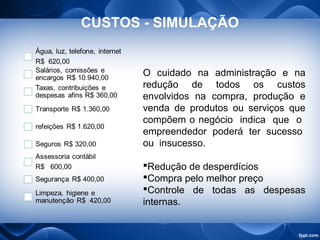CUSTOS - SIMULAÇÃO
O cuidado na administração e na
redução de todos os custos
envolvidos na compra, produção e
venda de produtos ou serviços que
compõem o negócio indica que o
empreendedor poderá ter sucesso
ou insucesso.
Redução de desperdícios
Compra pelo melhor preço
Controle de todas as despesas
internas.
 