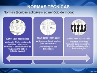 NORMAS TÉCNICAS
Normas técnicas aplicáveis ao negócio de moda:
 