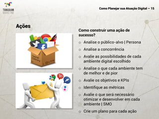 Como Planejar sua Atuação Digital – 15
Como construir uma ação de
sucesso?
o Analise o público-alvo | Persona
o Analise a concorrência
o Avalie as possibilidades de cada
ambiente digital escolhido
o Analise o que cada ambiente tem
de melhor e de pior
o Avalie os objetivos e KPIs
o Identifique as métricas
o Avalie o que será necessário
otimizar e desenvolver em cada
ambiente | SMO
o Crie um plano para cada ação
Ações
 