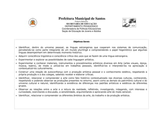 Prefeitura Municipal de Santos
                                                         Estância Balneária
                                                SECRETARIA DE EDUCAÇÃO
                                              DEPARTAMENTO PEDAGÓGICO
                                            Coordenadoria de Políticas Educacionais
                                            Seção de Educação de Jovens e Adultos



                                                       Objetivos Gerais


•   Identificar, dentro do universo pessoal, as línguas estrangeiras que cooperam nos sistemas de comunicação,
    percebendo-se como parte integrante de um mundo plurilíngë e compreendendo o papel hegemônico que algumas
    línguas desempenham em determinado momento histórico.
•   Adquirir consciência lingüística e consciência crítica dos usos que se fazem de uma língua estrangeira.
•   Experimentar e explorar as possibilidades de cada linguagem artística.
•   Experimentar e conhecer materiais, instrumentos e procedimentos artísticos diversos em Arte (artes visuais, dança,
    música, teatro), de modo a utilizá-los em trabalhos pessoais, identificá-los e interpretá-los na apreciação e
    contextualizá-los culturalmente.
•   Construir uma relação de autoconfiança com a produção artística pessoal e o conhecimento estético, respeitando a
    própria produção e a dos colegas, sabendo receber e elaborar críticas.
•   Identificar, relacionar e compreender a arte como fato histórico contextualizado nas diversas culturas, conhecendo,
    respeitando e podendo observar as produções presentes no entorno, assim como as demais do patrimônio cultural e do
    universo cultural e natural, identificando a existência de diferenças nos padrões artísticos e estéticos de diferentes
    grupos.
•   Observar as relações entre a arte e a leitura da realidade, refletindo, investigando, indagando, com interesse e
    curiosidade, exercitando a discussão, a sensibilidade, argumentando e apreciando arte de modo sensível.
•   Identificar, relacionar e compreender os diferentes âmbitos da arte, do trabalho e da produção artística.




                                                      Plano de Curso
 