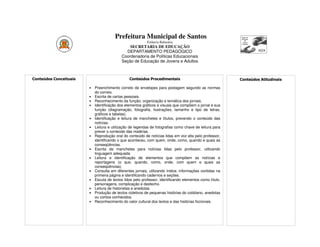 Prefeitura Municipal de Santos
                                                           Estância Balneária
                                                SECRETARIA DE EDUCAÇÃO
                                              DEPARTAMENTO PEDAGÓGICO
                                            Coordenadoria de Políticas Educacionais
                                            Seção de Educação de Jovens e Adultos



Conteúdos Conceituais                           Conteúdos Procedimentais                                  Conteúdos Atitudinais

                        •   Preenchimento correto de envelopes para postagem segundo as normas
                            do correio.
                        •   Escrita de cartas pessoais.
                        •   Reconhecimento da função, organização e temática dos jornais.
                        •   Identificação dos elementos gráficos e visuais que compõem o jornal e sua
                            função (diagramação, fotografia, ilustrações, tamanho e tipo de letras,
                            gráficos e tabelas).
                        •   Identificação e leitura de manchetes e títulos, prevendo o conteúdo das
                            notícias.
                        •   Leitura e utilização de legendas de fotografias como chave de leitura para
                            prever o conteúdo das matérias.
                        •   Reprodução oral do conteúdo de notícias lidas em voz alta pelo professor,
                            identificando o que aconteceu, com quem, onde, como, quando e quais as
                            conseqüências.
                        •   Escrita de manchetes para notícias lidas pelo professor, utilizando
                            linguagem adequada.
                        •   Leitura e identificação de elementos que compõem as notícias e
                            reportagens (o que, quando, como, onde, com quem e quais as
                            conseqüências).
                        •   Consulta em diferentes jornais, utilizando índice, informações contidas na
                            primeira página e identificando cadernos e seções.
                        •   Escuta de textos lidos pelo professor, identificando elementos como título,
                            personagens, complicação e desfecho.
                        •   Leitura de historietas e anedotas.
                        •   Produção de textos coletivos de pequenas histórias do cotidiano, anedotas
                            ou contos conhecidos.
                        •   Reconhecimento do valor cultural dos textos e das histórias ficcionais.
 