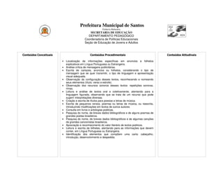 Prefeitura Municipal de Santos
                                                         Estância Balneária
                                               SECRETARIA DE EDUCAÇÃO
                                             DEPARTAMENTO PEDAGÓGICO
                                           Coordenadoria de Políticas Educacionais
                                           Seção de Educação de Jovens e Adultos



Conteúdos Conceituais                          Conteúdos Procedimentais                              Conteúdos Atitudinais

                        •   Localização de informações específicas em anúncios e folhetos
                            explicativos em Língua Portuguesa ou Estrangeira.
                        •   Análise crítica de mensagens publicitárias.
                        •   Escrita de cartazes, anúncios ou folhetos, considerando o tipo de
                            mensagem que se quer transmitir, o tipo de linguagem e apresentação
                            visual adequada.
                        •   Observação da configuração desses textos, reconhecendo e nomeando
                            seus elementos (título, verso e estrofe).
                        •   Observação dos recursos sonoros desses textos: repetições sonoras,
                            rimas.
                        •   Leitura e análise de textos oral e coletivamente, atentando para a
                            linguagem figurada, observando que se trata de um recurso que pode
                            sugerir interpretações diversas.
                        •   Criação e escrita de títulos para poesias e letras de música.
                        •   Escrita de pequenos versos, poemas ou letras de música, ou reescrita,
                            introduzindo modificações em textos de outros autores.
                        •   Consulta em livros e antologias poéticas.
                        •   Pesquisa do nome, de breves dados bibliográficos e de alguns poemas de
                            grandes poetas brasileiros.
                        •   Pesquisa do nome, de breves dados bibliográficos e de algumas canções
                            de grandes cancionistas brasileiros.
                        •   Apreciação e reconhecimento do valor literário de textos poéticos.
                        •   Leitura e escrita de bilhetes, atentando para as informações que devem
                            conter, em Língua Portuguesa ou Estrangeira.
                        •   Identificação dos elementos que compõem uma carta: cabeçalho,
                            introdução, desenvolvimento e despedida.
 
