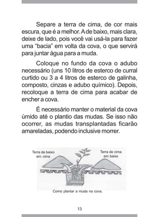 Separe a terra de cima, de cor mais 
escura, que é a melhor. A de baixo, mais clara, 
deixe de lado, pois você vai usá-la para fazer 
uma “bacia” em volta da cova, o que servirá 
para juntar água para a muda. 
Coloque no fundo da cova o adubo 
necessário (uns 10 litros de esterco de curral 
curtido ou 3 a 4 litros de esterco de galinha, 
composto, cinzas e adubo químico). Depois, 
recoloque a terra de cima para acabar de 
encher a cova. 
É necessário manter o material da cova 
úmido até o plantio das mudas. Se isso não 
ocorrer, as mudas transplantadas ficarão 
amareladas, podendo inclusive morrer. 
13 
Terra de cima 
em baixo 
Terra de baixo 
em cima 
Como plantar a muda na cova. 
 