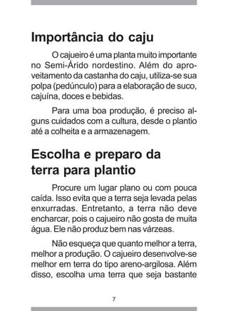 Importância do caju 
O cajueiro é uma planta muito importante 
no Semi-Árido nordestino. Além do apro-veitamento 
da castanha do caju, utiliza-se sua 
polpa (pedúnculo) para a elaboração de suco, 
cajuína, doces e bebidas. 
Para uma boa produção, é preciso al-guns 
cuidados com a cultura, desde o plantio 
até a colheita e a armazenagem. 
Escolha e preparo da 
terra para plantio 
Procure um lugar plano ou com pouca 
caída. Isso evita que a terra seja levada pelas 
enxurradas. Entretanto, a terra não deve 
encharcar, pois o cajueiro não gosta de muita 
água. Ele não produz bem nas várzeas. 
Não esqueça que quanto melhor a terra, 
melhor a produção. O cajueiro desenvolve-se 
melhor em terra do tipo areno-argilosa. Além 
disso, escolha uma terra que seja bastante 
7 
 