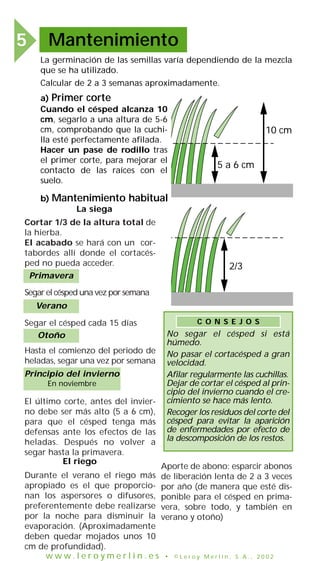 5

Mantenimiento
La germinación de las semillas varía dependiendo de la mezcla
que se ha utilizado.
Calcular de 2 a 3 semanas aproximadamente.
a) Primer corte
Cuando el césped alcanza 10
cm, segarlo a una altura de 5-6
cm, comprobando que la cuchilla esté perfectamente afilada.
Hacer un pase de rodillo tras
el primer corte, para mejorar el
contacto de las raíces con el
suelo.
b) Mantenimiento
La siega

10 cm

5 a 6 cm

habitual

Cortar 1/3 de la altura total de
la hierba.
El acabado se hará con un cortabordes allí donde el cortacésped no pueda acceder.
Primavera

2/3

Segar el césped una vez por semana
Verano
Segar el césped cada 15 días
Otoño
Hasta el comienzo del periodo de
heladas, segar una vez por semana
Principio del invierno
En noviembre

El último corte, antes del invierno debe ser más alto (5 a 6 cm),
para que el césped tenga más
defensas ante los efectos de las
heladas. Después no volver a
segar hasta la primavera.
El riego

C O N S E J O S

No segar el césped si está
húmedo.
No pasar el cortacésped a gran
velocidad.
Afilar regularmente las cuchillas.
Dejar de cortar el césped al principio del invierno cuando el crecimiento se hace más lento.
Recoger los residuos del corte del
césped para evitar la aparición
de enfermedades por efecto de
la descomposición de los restos.

Aporte de abono: esparcir abonos
Durante el verano el riego más de liberación lenta de 2 a 3 veces
apropiado es el que proporcio- por año (de manera que esté disnan los aspersores o difusores, ponible para el césped en primapreferentemente debe realizarse vera, sobre todo, y también en
por la noche para disminuir la verano y otoño)
evaporación. (Aproximadamente
deben quedar mojados unos 10
cm de profundidad).
w w w. l e r o y m e r l i n . e s • ©Leroy Merlin, S.A., 2002

 